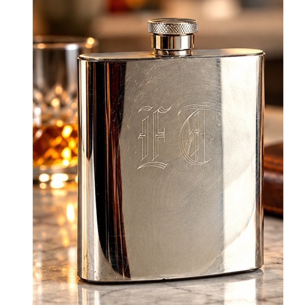 Vintage Engraved Stainless Steel 7oz Hip Flask Monogram ET Silver Barware